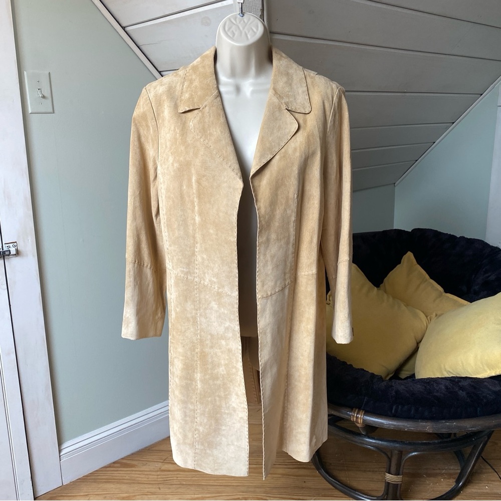 90s Coldwater Creek Leather Suede Trench Coat Women Med Open Front Western Boho - Picture 3 of 15